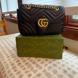 Gucci Black and Gold Crossbody Bag with Chevron Quilting